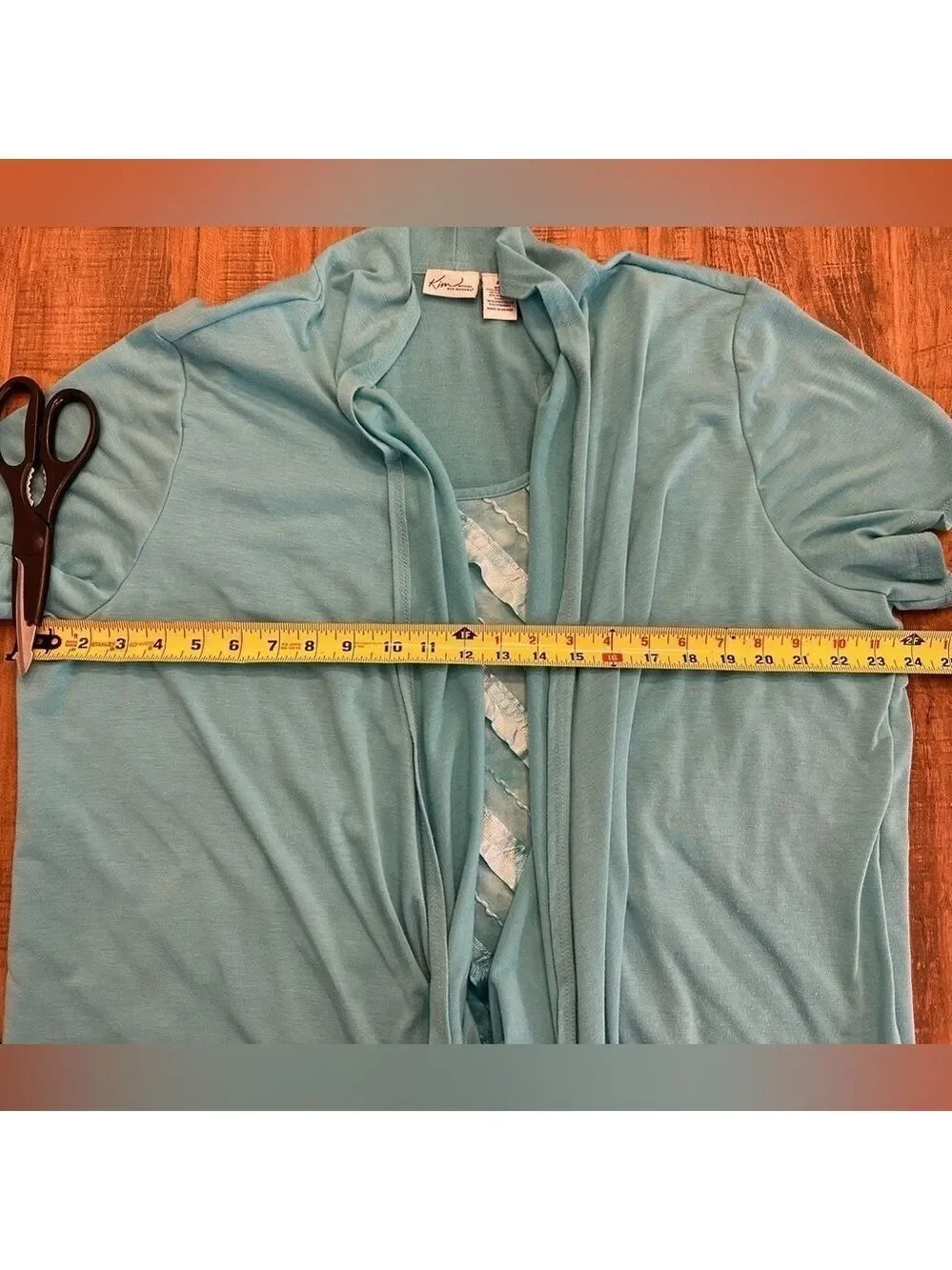 Kim Rogers Teal Short sleeve 2 Piece Look Dressy top Diagonal ribbons on insert